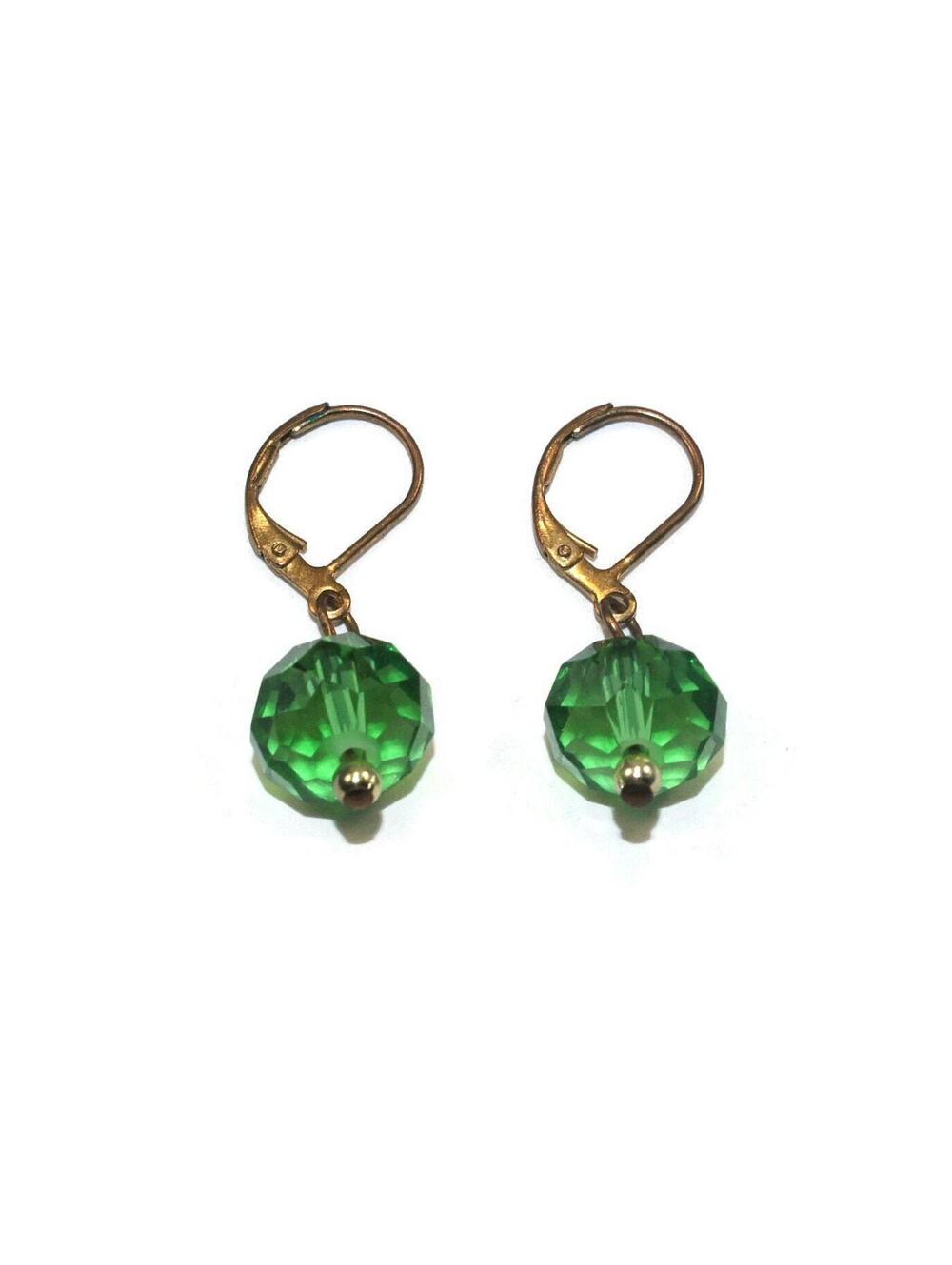 Vintage Gold Tone and Faceted Green Glass Dangle Earrings with Latch Backs.